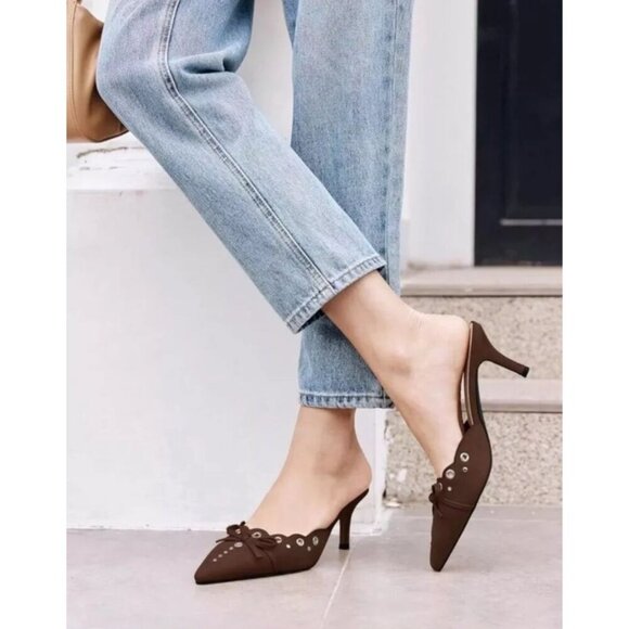 LILIANA / Caprice-2 / Brown / Suede / Pointed-Toe / Heeled Mules /  With Studded - Picture 5 of 8
